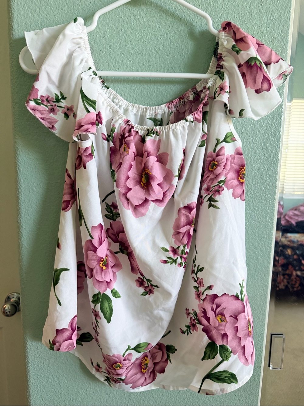 SHEIN White Off-Shoulder Tunic with Pink Floral Print